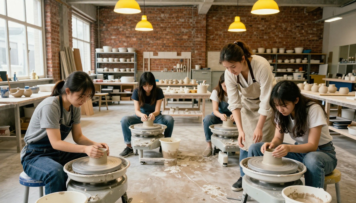 Pottery studio class with students at wheels Pottery studio class with students at wheels