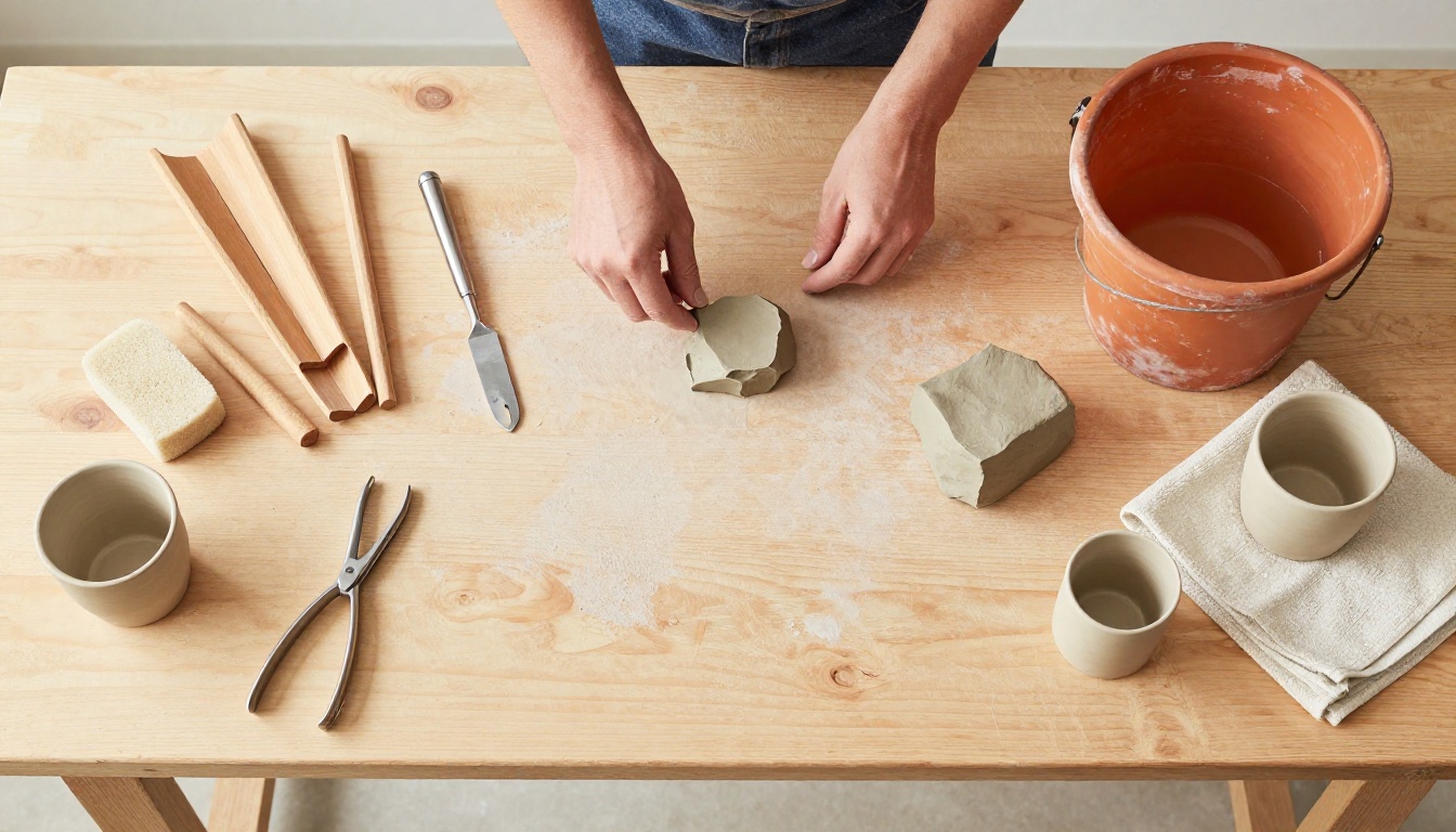 Overhead flatlay of pottery tools and clay on a workbench Overhead flatlay of pottery tools and clay on a workbench