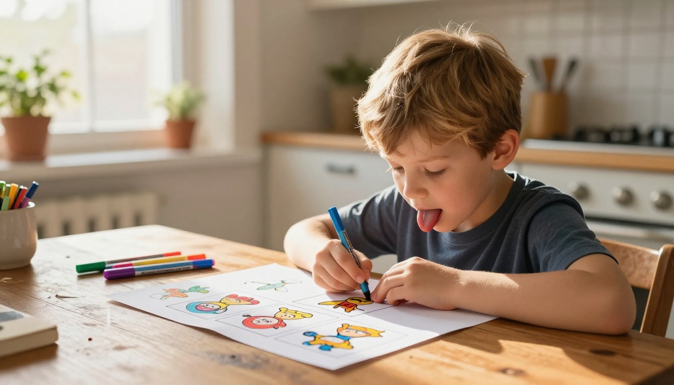 A boy with sandy hair draws sequential animation frames on paper at a sunny kitchen table, tongue pressed to his lip in concentration A boy with sandy hair draws sequential animation frames on paper at a sunny kitchen table, tongue pressed to his lip in concentration