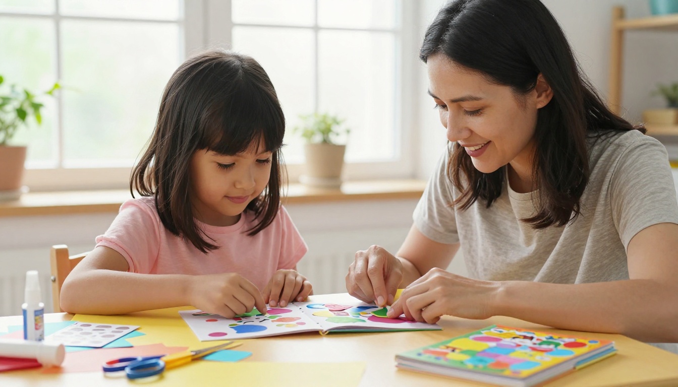 A mother and young daughter sit at a bright craft table, assembling a handmade flipbook together, sharing a warm smile A mother and young daughter sit at a bright craft table, assembling a handmade flipbook together, sharing a warm smile