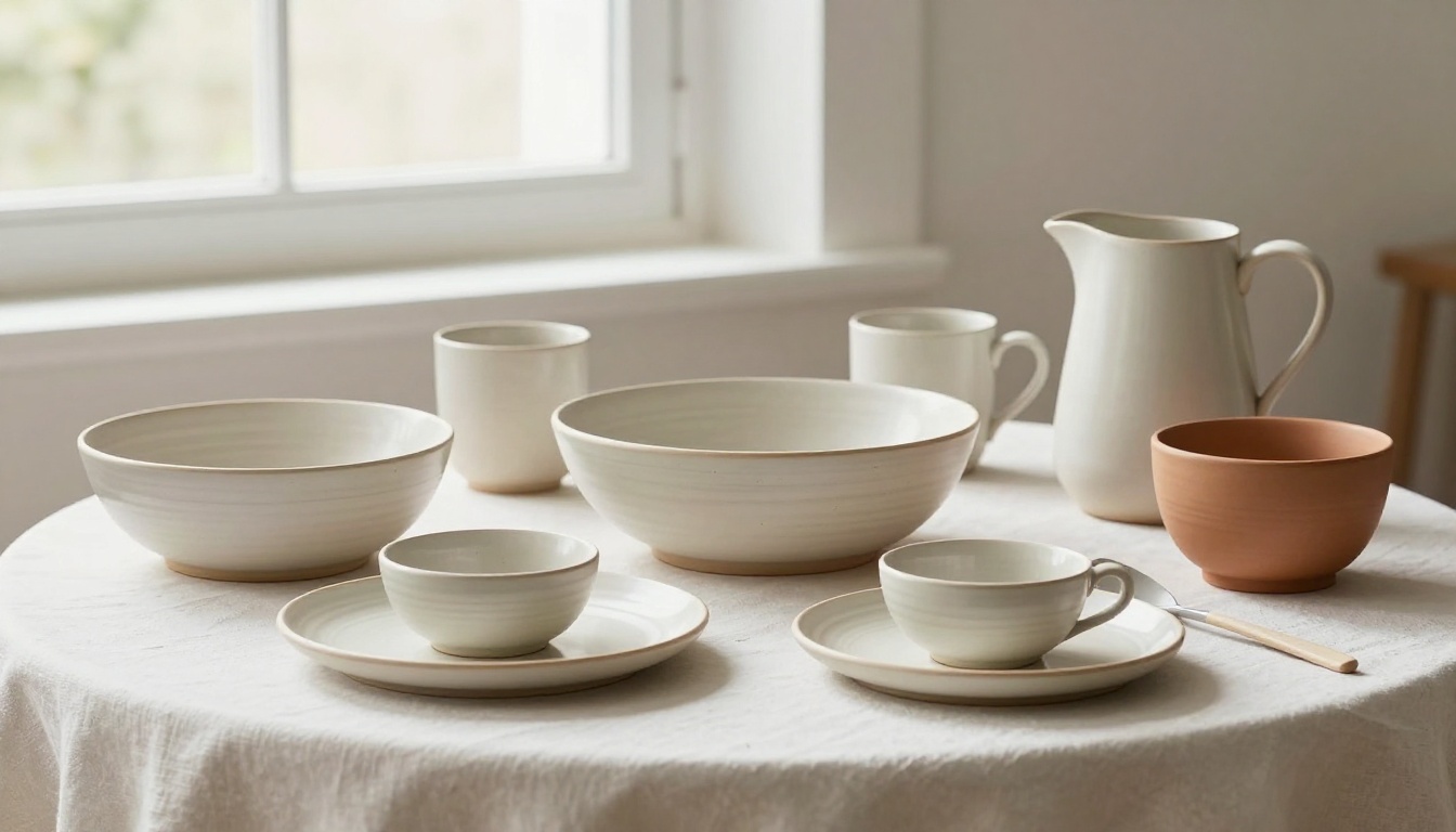 Curated ceramic tableware collection arranged for product photography Curated ceramic tableware collection arranged for product photography