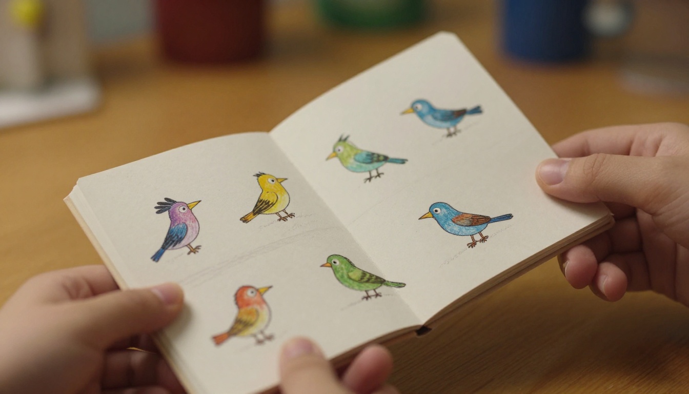 Extreme close-up of small children's hands holding a thick handmade flipbook, thumbs poised at the page edges mid-flip, colorful bird drawings visible Extreme close-up of small children's hands holding a thick handmade flipbook, thumbs poised at the page edges mid-flip, colorful bird drawings visible