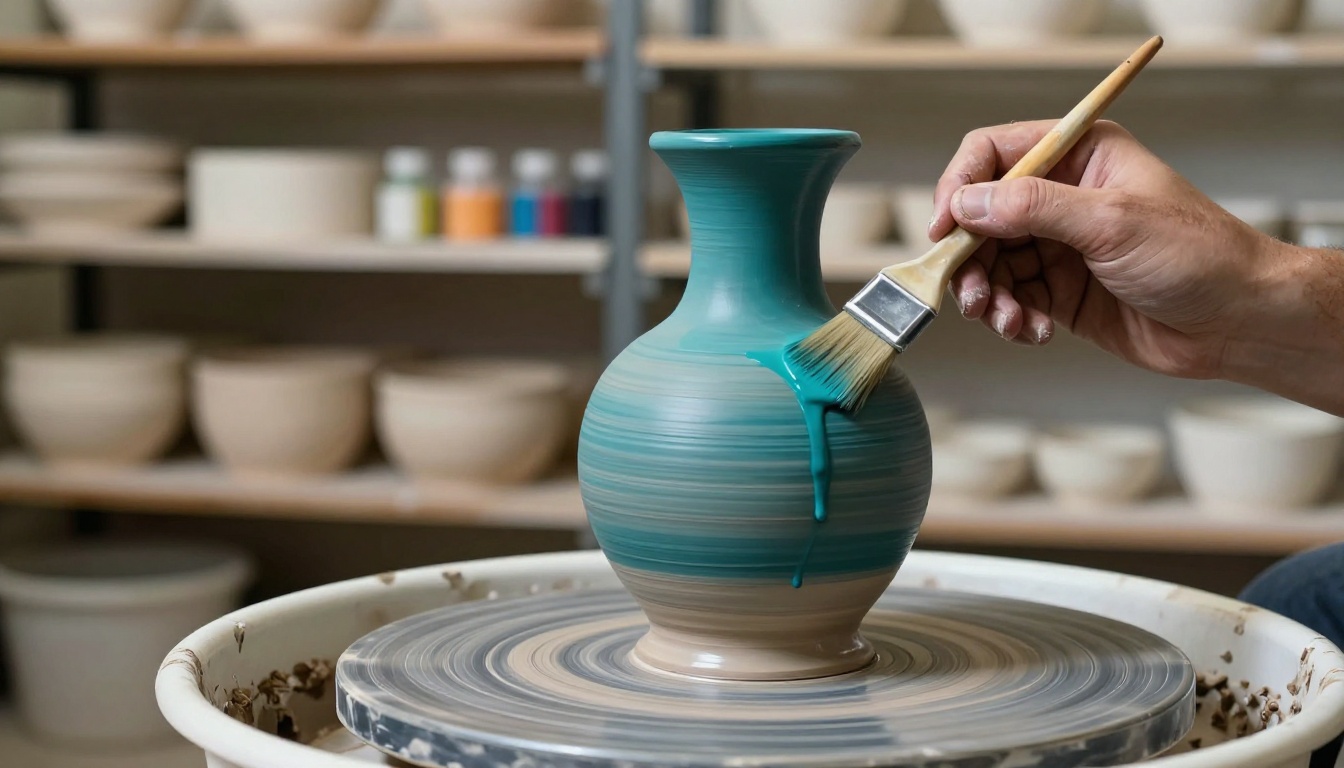 Applying glaze to a bisqueware vase in the pottery studio