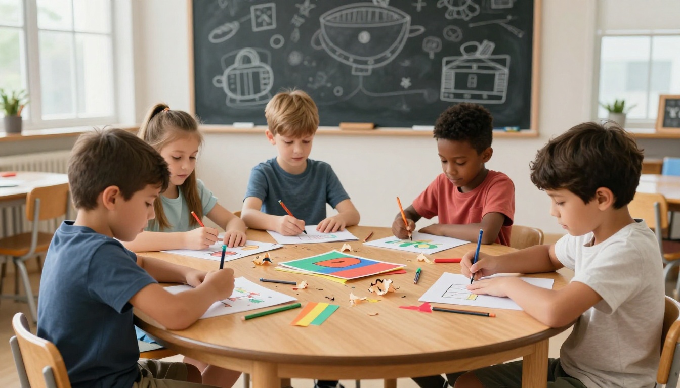 Four elementary school children of different ethnicities sit around a circular classroom table, each working on their own colorful flipbook art project Four elementary school children of different ethnicities sit around a circular classroom table, each working on their own colorful flipbook art project