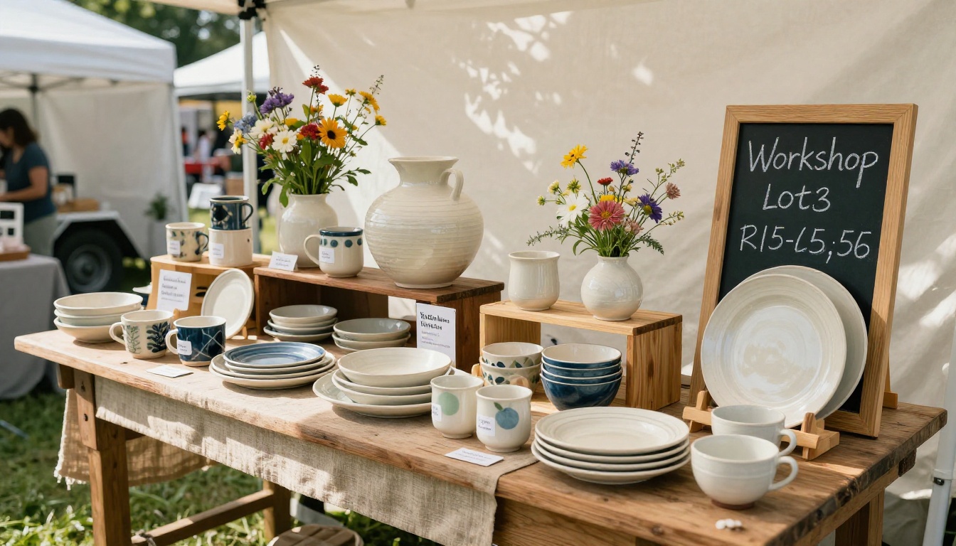 Pottery display at a craft fair market booth