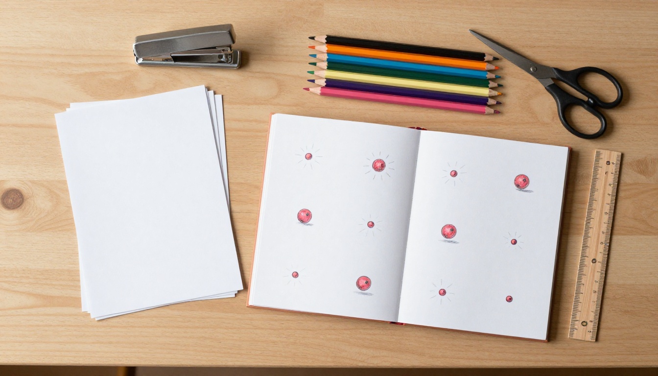 Flat lay aerial view of flipbook craft materials: index cards, colored pencils, ruler, scissors, stapler, and a half-finished flipbook with a bouncing ball sequence Flat lay aerial view of flipbook craft materials: index cards, colored pencils, ruler, scissors, stapler, and a half-finished flipbook with a bouncing ball sequence