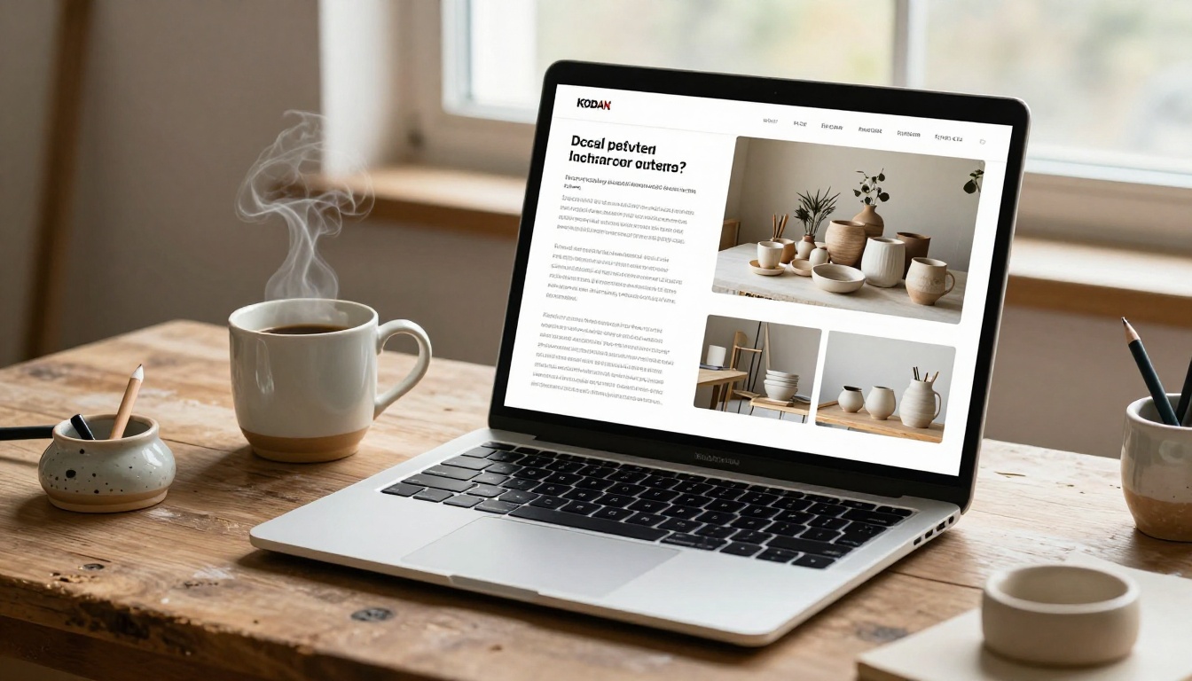 Laptop showing a digital flipbook portfolio in a pottery studio