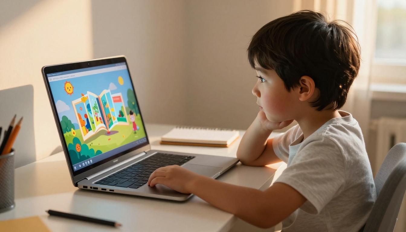 A child with short dark hair sits at a modern desk using a laptop showing a colorful digital flipbook interface with page-turning animations