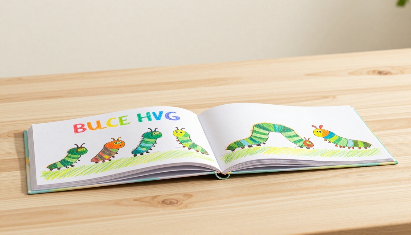 A finished handmade children's flipbook displayed open on a birch wood table, pages fanned in a half-circle showing a caterpillar-to-butterfly sequence in bright crayon colors