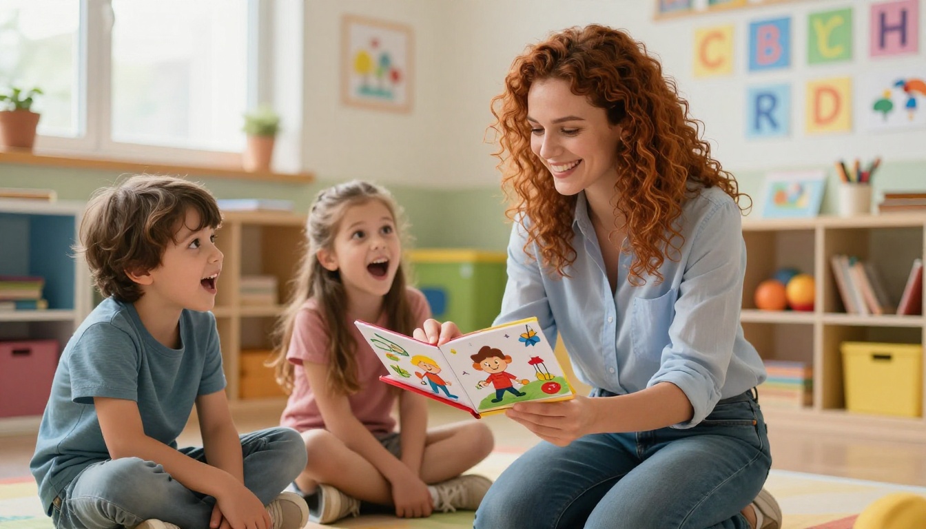 A warm-smiling teacher with curly auburn hair kneels beside two young children in a colorful classroom, holding up a handmade flipbook as the children stare in amazement