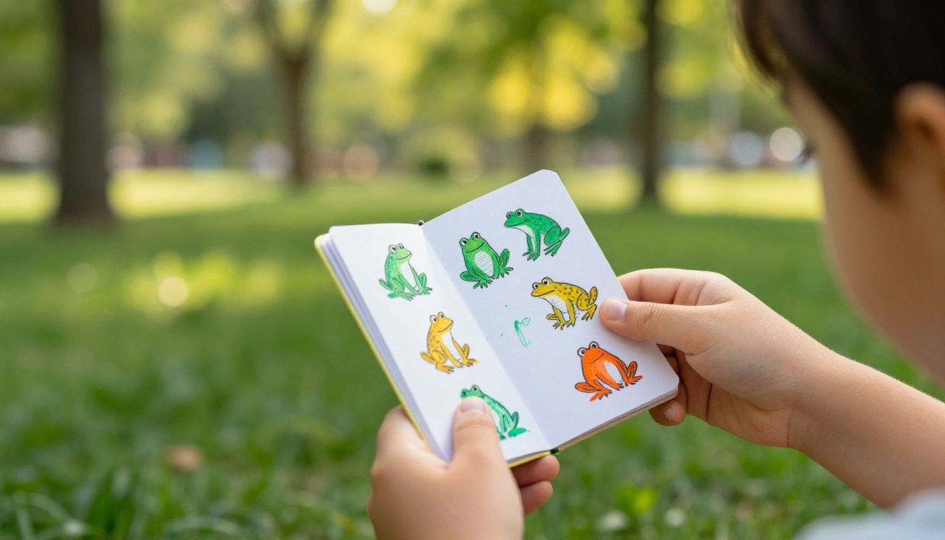 A child holds a small homemade flipbook outdoors in a sunny green park, colorful frog-jumping pages visible, fingers stained with marker