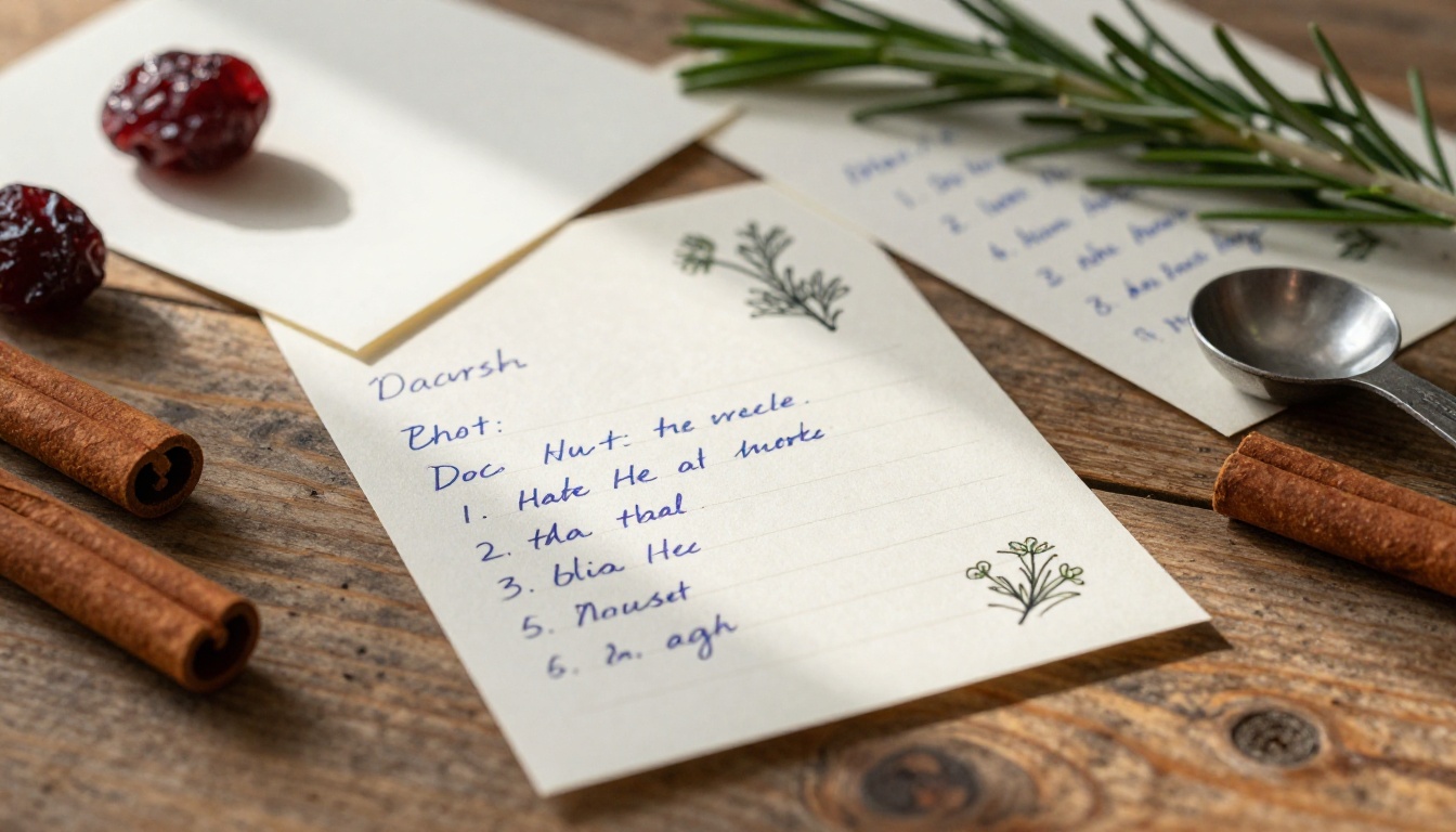 Handwritten recipe cards spread on a rustic wooden table with cinnamon sticks and rosemary