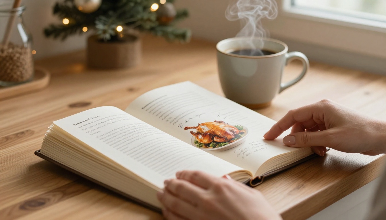 A woman's hands gently turning the pages of a printed recipe book with blurred Christmas tree fairy lights in the background