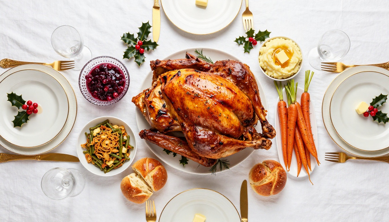 Aerial flat-lay of a beautifully arranged holiday feast table with roasted turkey, sides, and gold table decorations