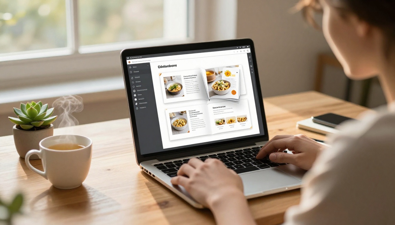 A person using a laptop at a wooden desk designing a digital flipbook with recipe pages visible on the screen