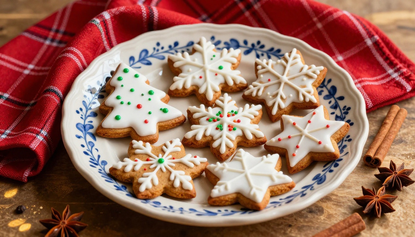 Close-up of beautifully decorated gingerbread cookies in snowflake and star shapes on a vintage ceramic plate with cinnamon sticks