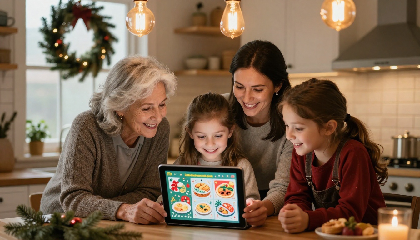 A joyful family of three generations of women looking together at a digital recipe flipbook on a tablet in a cozy holiday kitchen