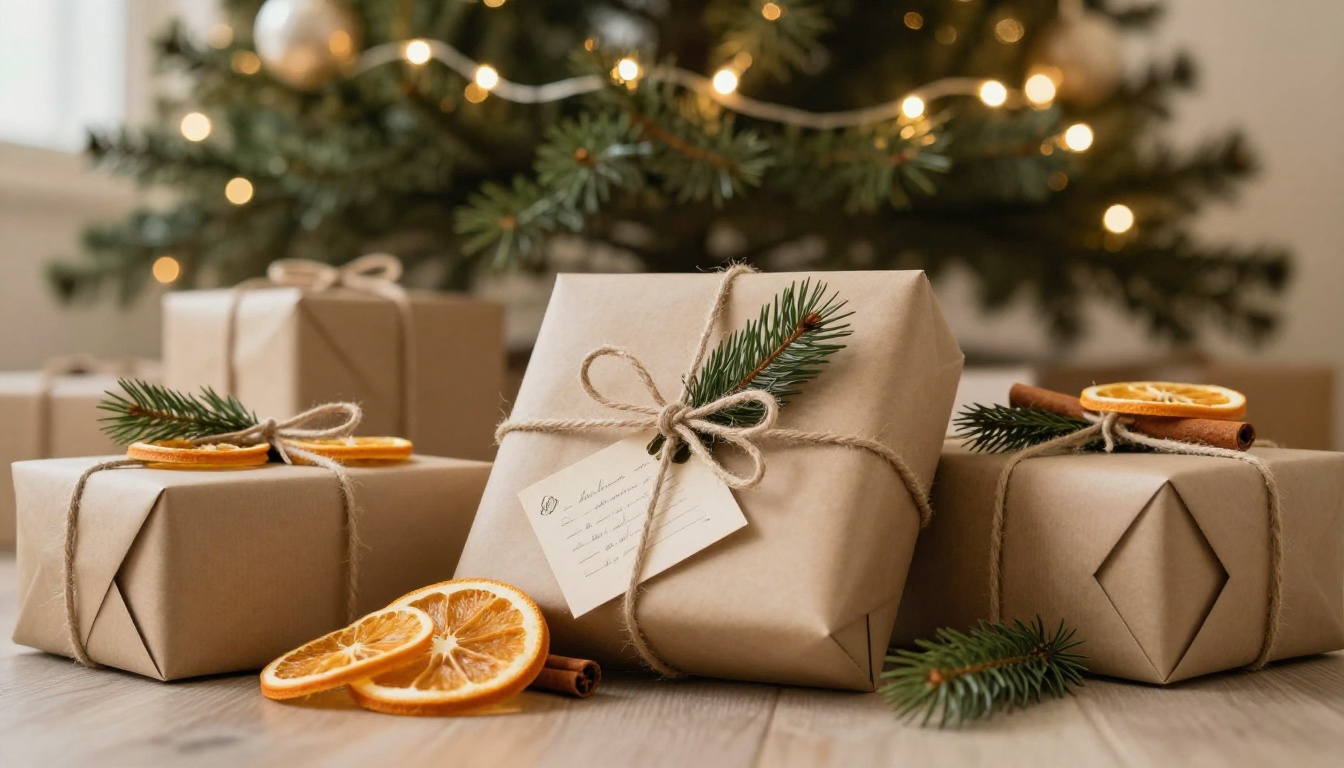 Holiday gifts wrapped in kraft paper tied with natural twine and pine sprigs arranged under a Christmas tree with warm fairy lights