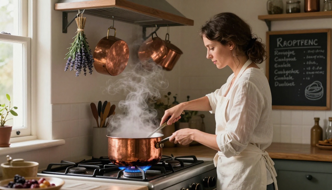 A woman stirring mulled wine in a large copper pot on a gas stove in a warm rustic kitchen with hanging copper pots and chalkboard notes on the wall