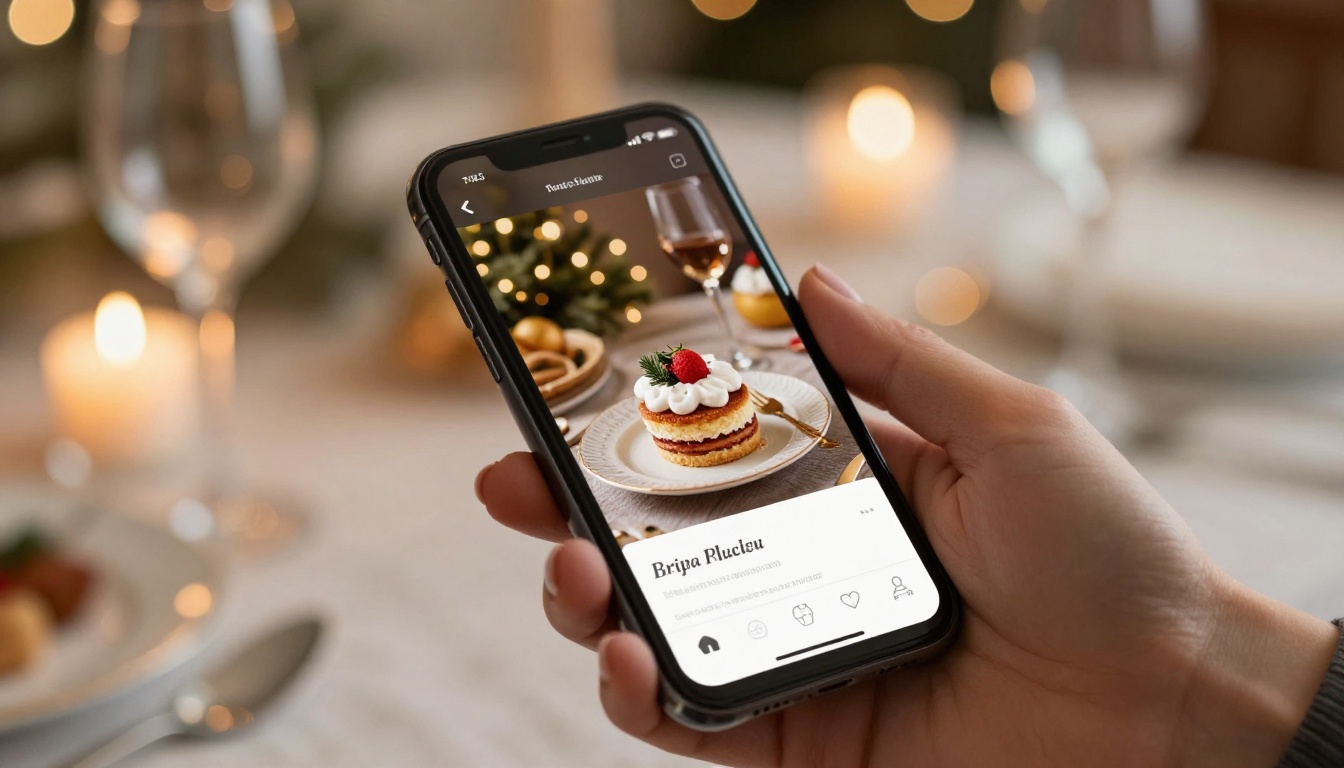A smartphone screen displaying a beautifully designed digital recipe flipbook mid-page-turn held in a woman's hands above a blurred candlelit holiday dinner table