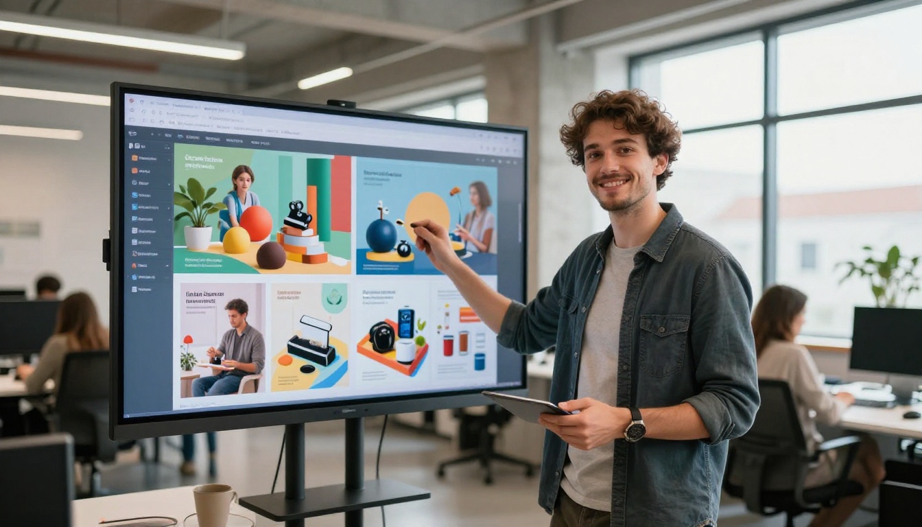 Creative director presenting a flipbook spread on office wall screen