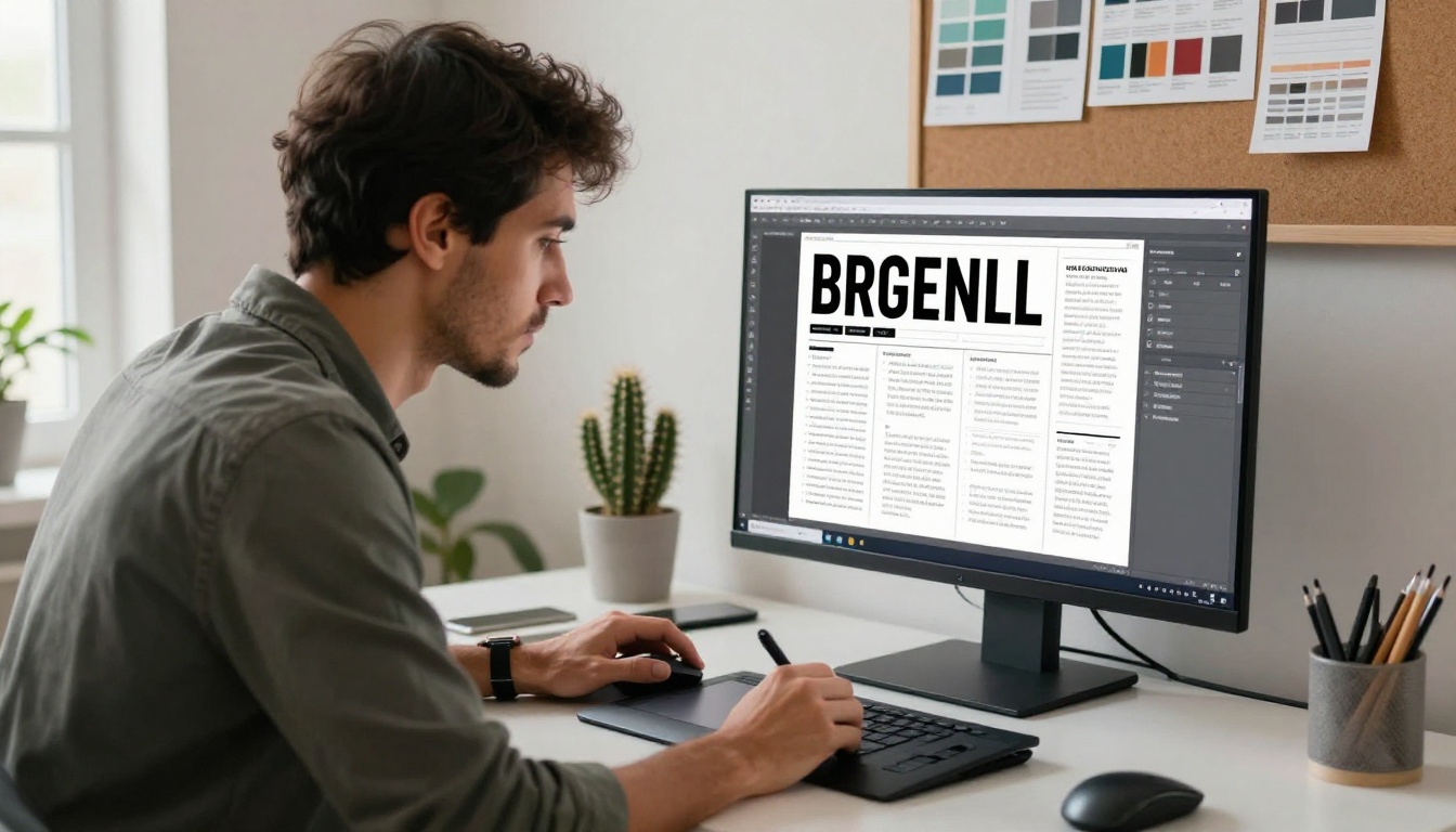 A graphic designer at a standing desk reviewing a clean multi-column flipbook layout on a large monitor