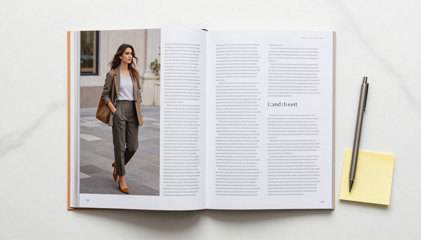 Flat lay overhead shot of an open editorial catalog on white marble with clean typography and bold photography