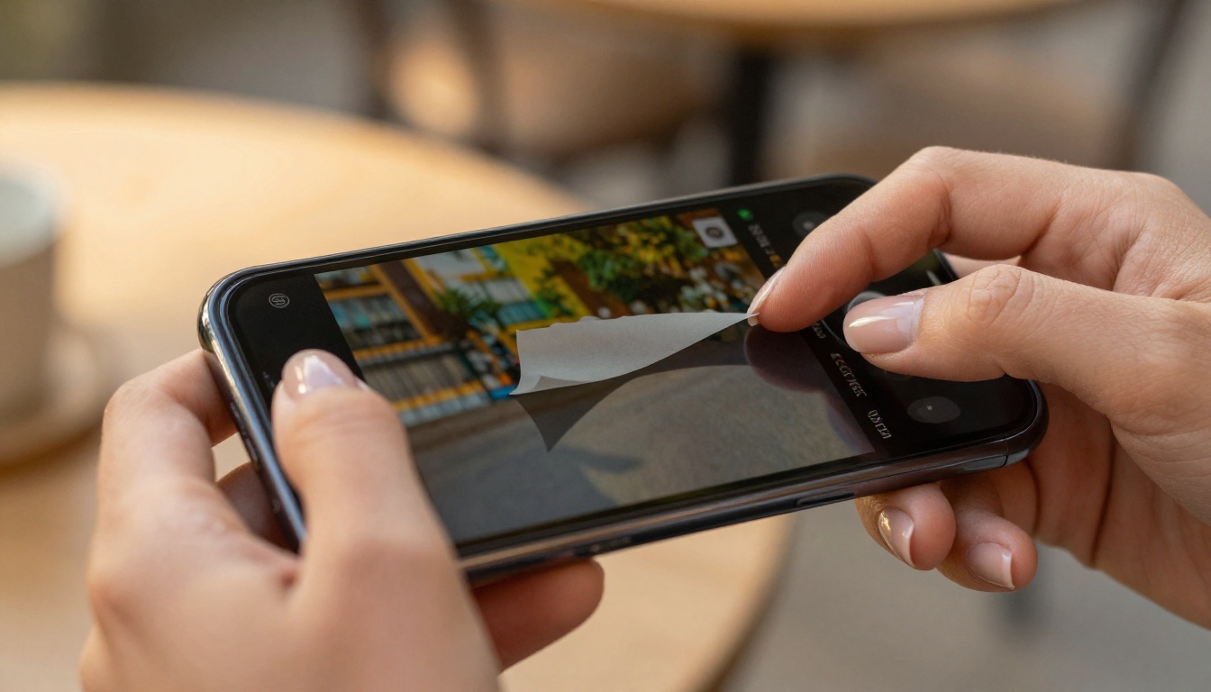 Hands holding smartphone displaying page-flip animation at outdoor cafe