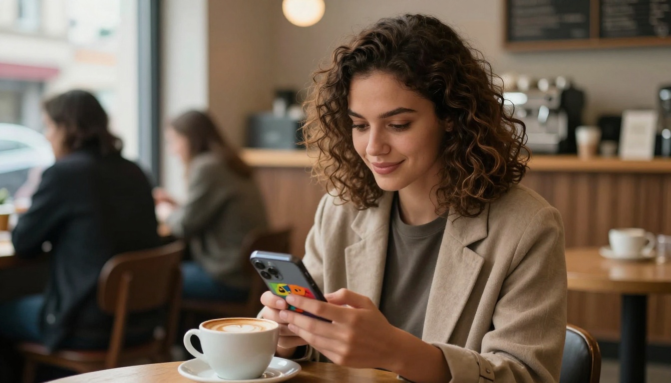 A stylish woman reading a digital flipbook on her smartphone in a cozy coffee shop
