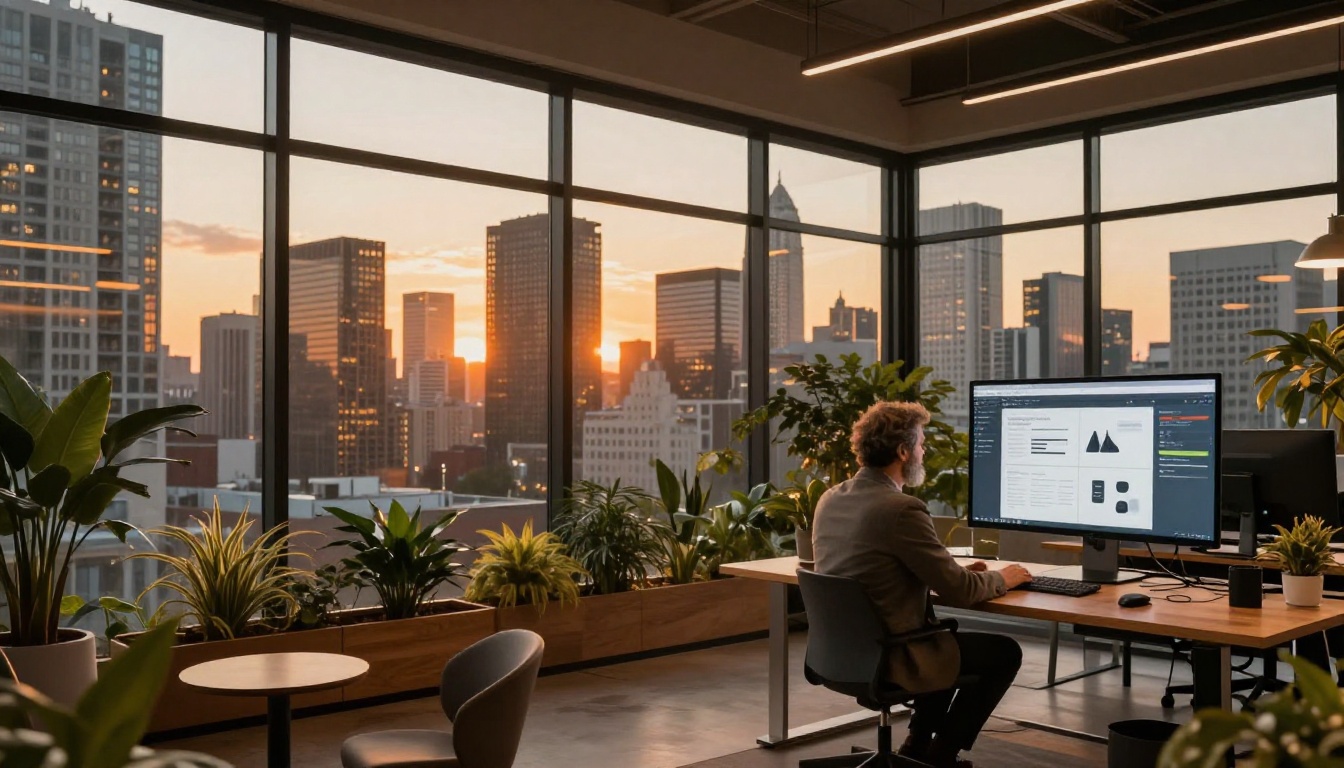 Man reviewing digital flipbook at standing desk in co-working space at golden hour