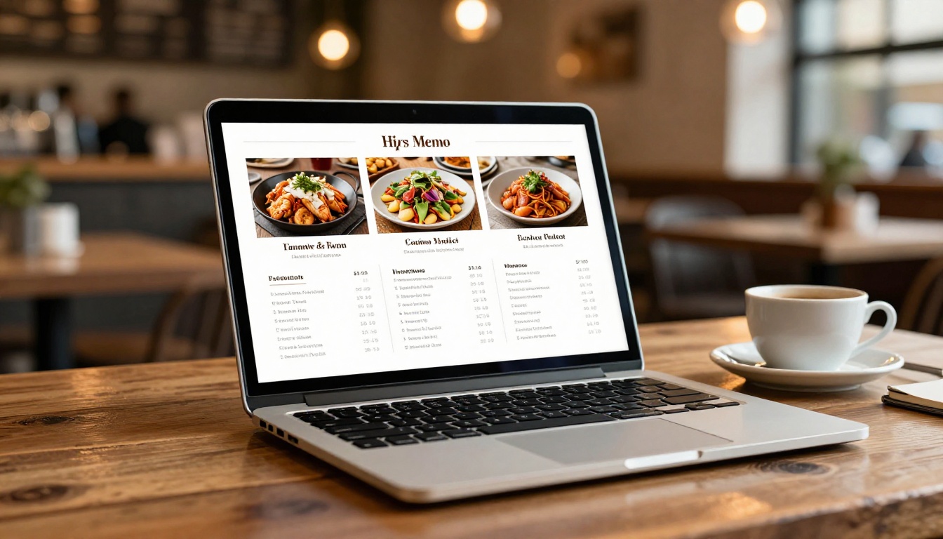 Laptop displaying restaurant menu flipbook on wooden cafe table