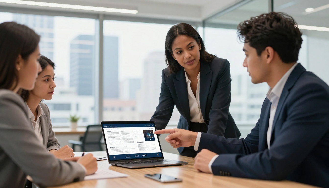 A businesswoman presenting a digital catalog flipbook on a laptop to engaged colleagues in a modern office A businesswoman presenting a digital catalog flipbook on a laptop to engaged colleagues in a modern office