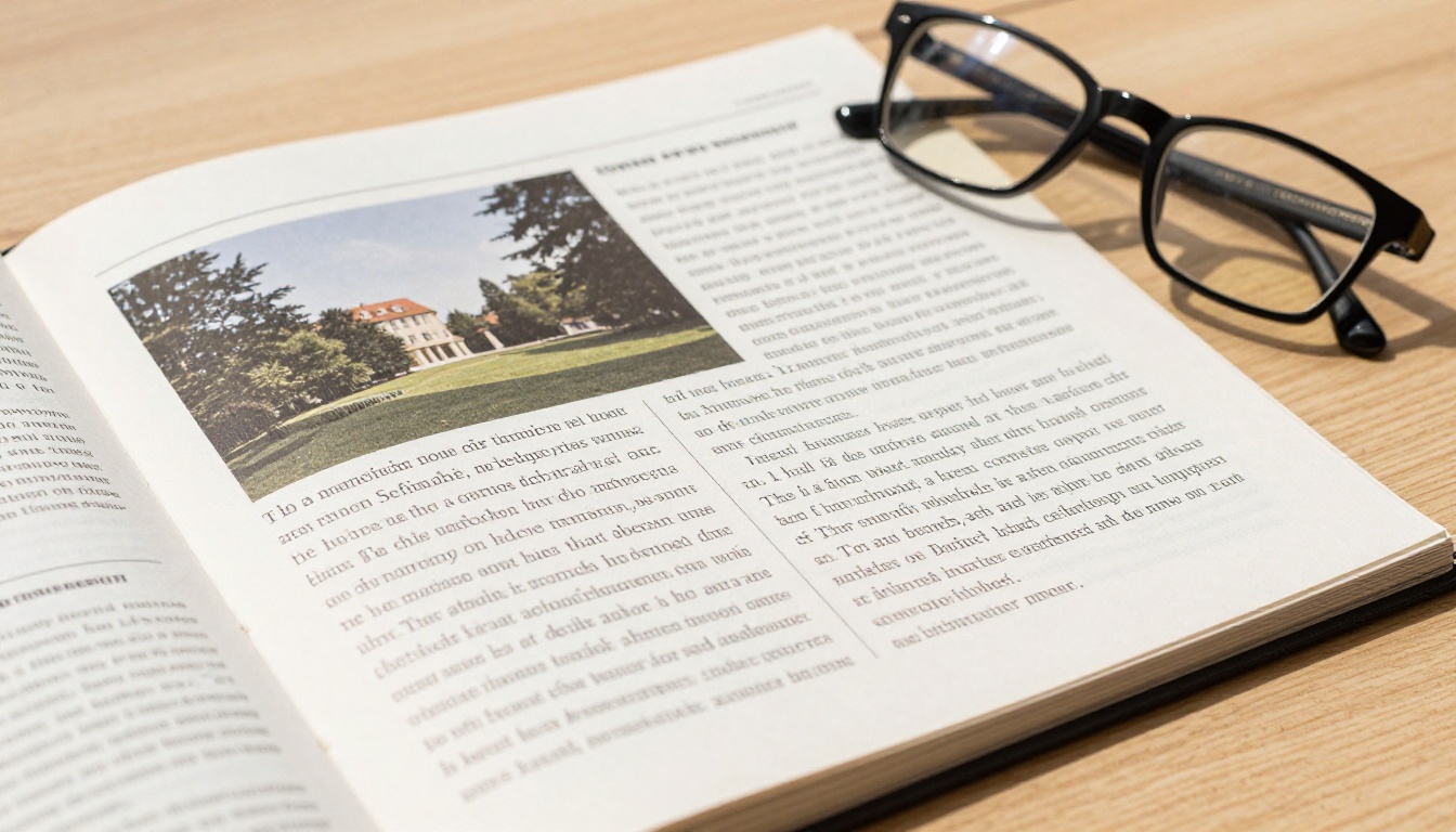 Close-up of a beautifully designed publication spread with crisp serif headlines and a pair of reading glasses