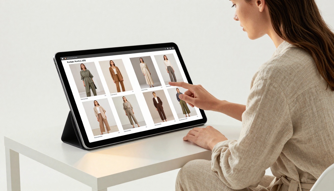 Fashion lookbook displayed as flipbook on tablet in photography studio Fashion lookbook displayed as flipbook on tablet in photography studio