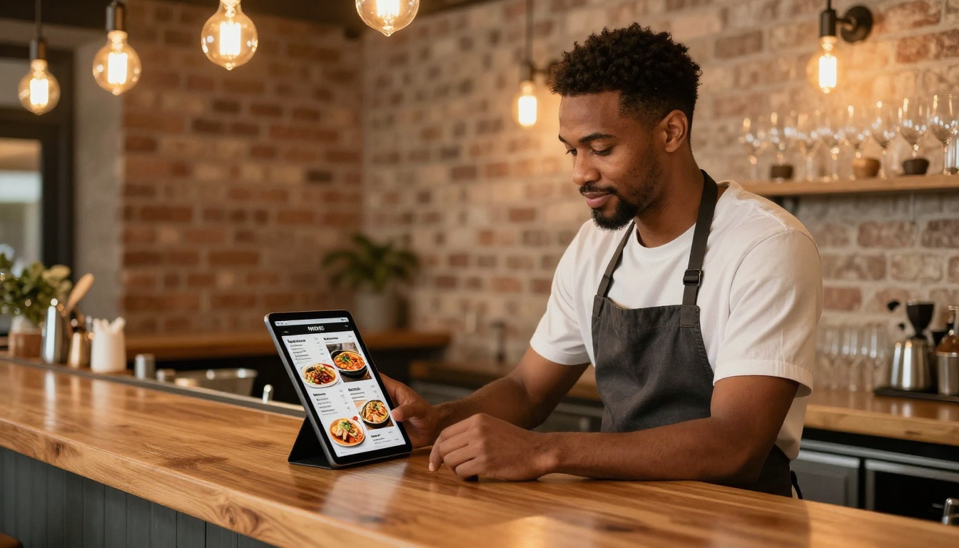 A restaurant owner reviewing a digital menu flipbook on a tablet at a warm wood bar counter A restaurant owner reviewing a digital menu flipbook on a tablet at a warm wood bar counter