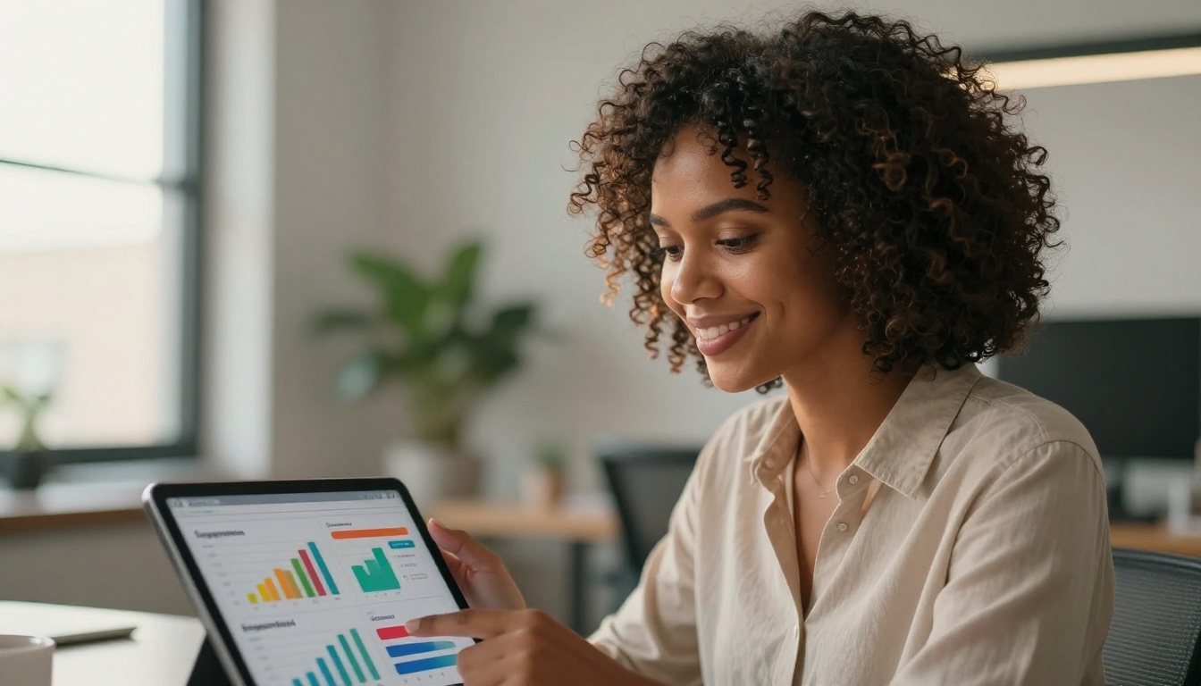 Marketing professional reviewing analytics dashboard on tablet in modern office Marketing professional reviewing analytics dashboard on tablet in modern office
