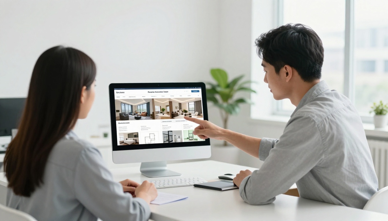 A real estate agent showing a property brochure flipbook on a tablet to a couple in a bright modern office A real estate agent showing a property brochure flipbook on a tablet to a couple in a bright modern office