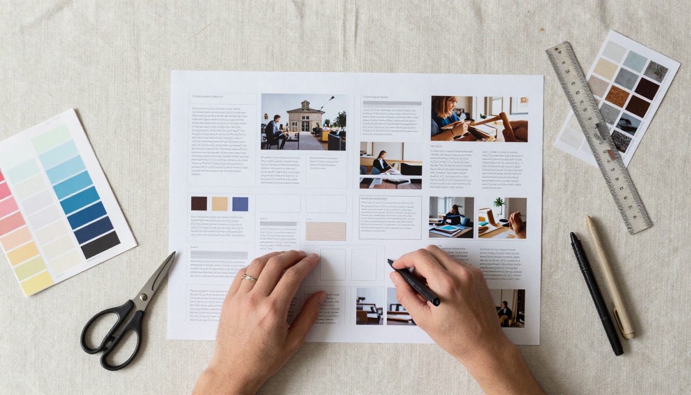 Aerial view of a creative designer's workspace with layout grids, color swatches, and photos being assembled Aerial view of a creative designer's workspace with layout grids, color swatches, and photos being assembled