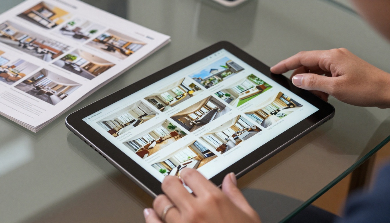 Real estate brochure displayed as flipbook on glass desk with printed brochure for comparison Real estate brochure displayed as flipbook on glass desk with printed brochure for comparison