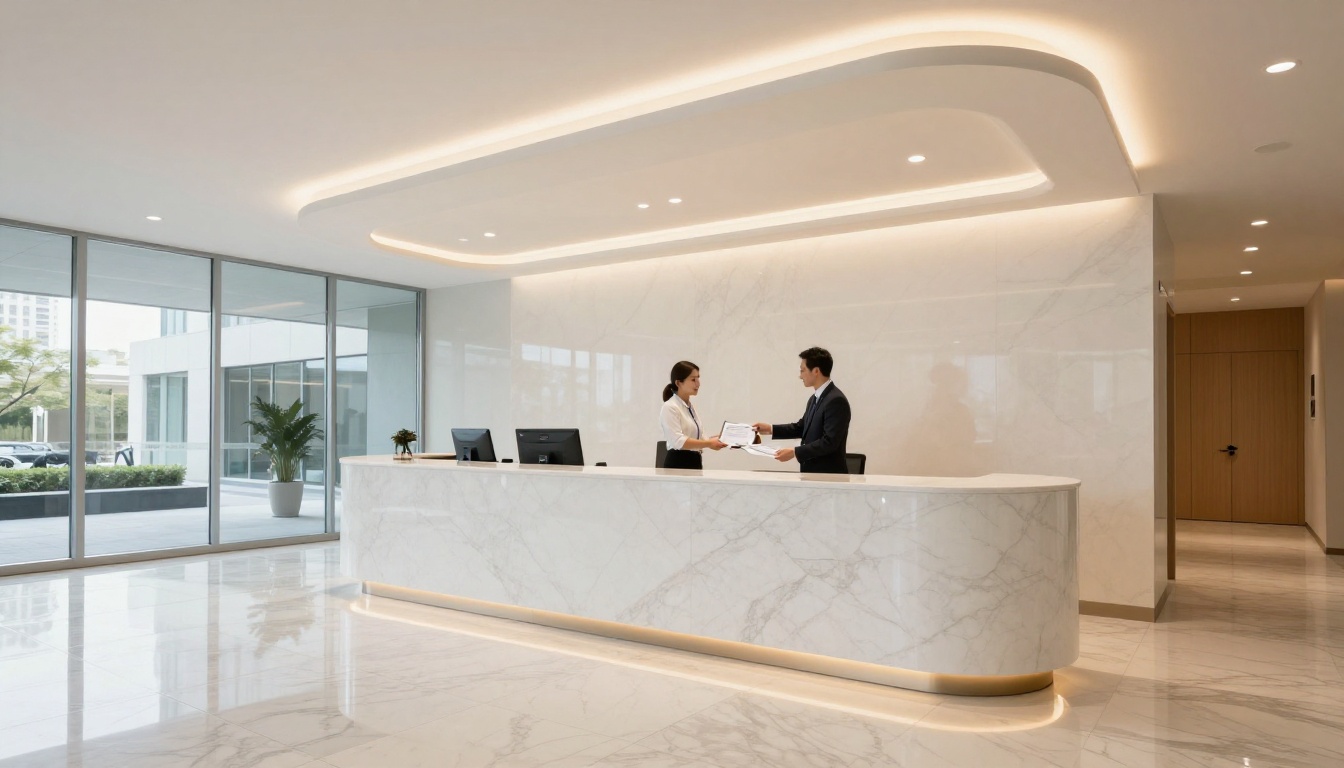 Law firm reception area with professional flipbook materials displayed