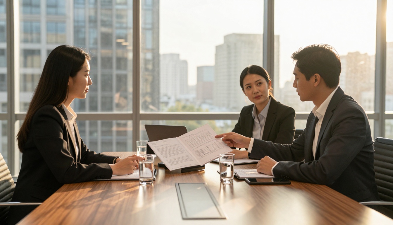 Law firm partners presenting a flipbook to a corporate client in a conference room