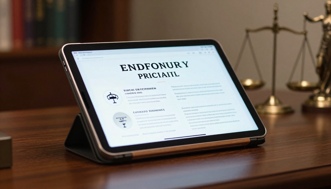 Tablet on law firm desk showing a digital flipbook interface