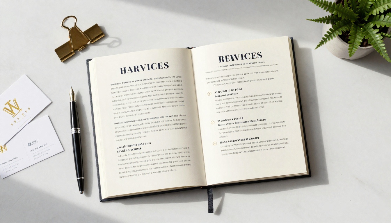 Flat-lay of a law firm flipbook with premium desk accessories on white marble Flat-lay of a law firm flipbook with premium desk accessories on white marble