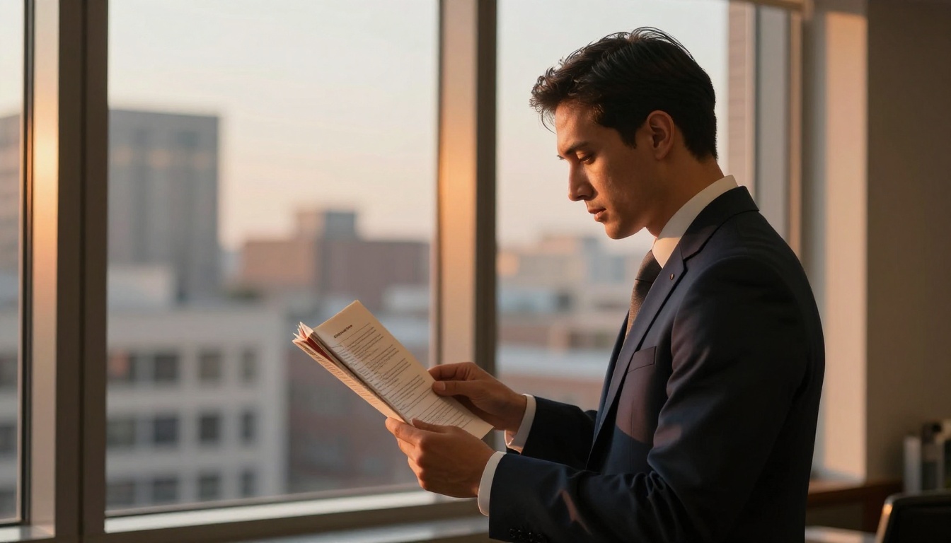 Attorney in navy suit standing at office window reviewing a printed law firm flipbook Attorney in navy suit standing at office window reviewing a printed law firm flipbook