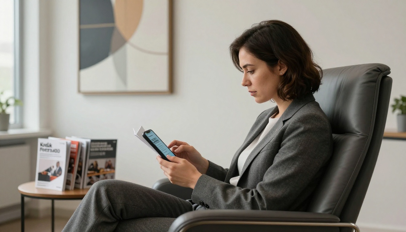 Law firm client browsing a digital flipbook on a smartphone in the waiting area Law firm client browsing a digital flipbook on a smartphone in the waiting area