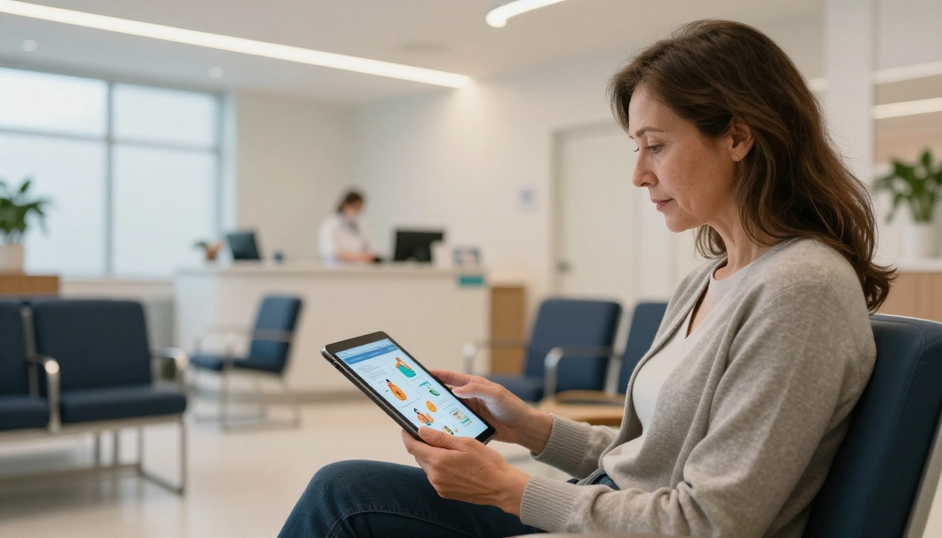 Patient reading health information on a tablet in a modern clinic waiting room
