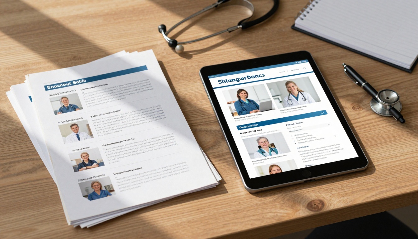 Doctor's desk showing printed brochures beside a tablet displaying a digital flipbook brochure