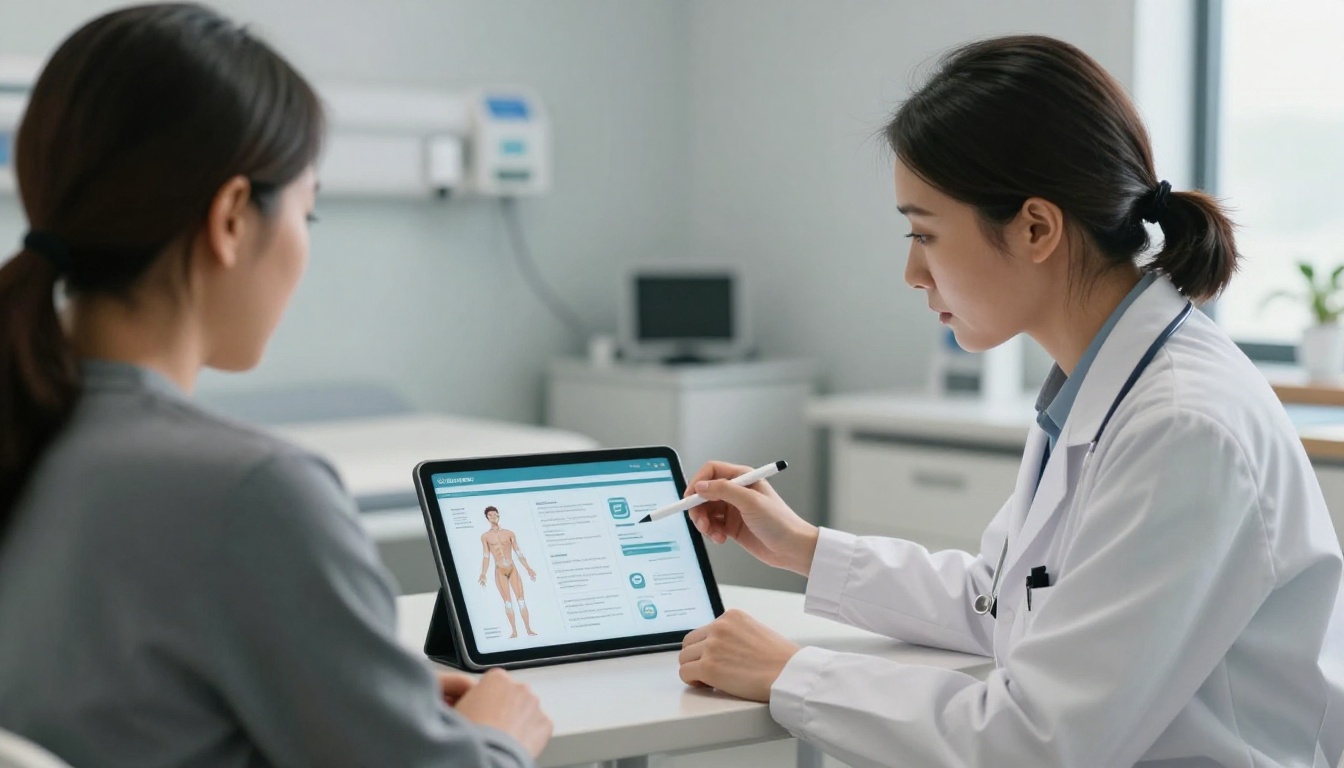 Female doctor and male patient reviewing a digital patient education flipbook together at a consultation table