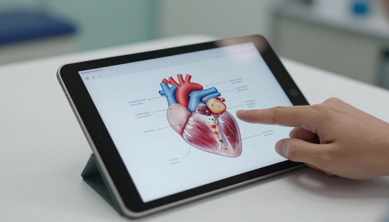 Close-up of a tablet screen displaying a digital medical flipbook with anatomical diagrams