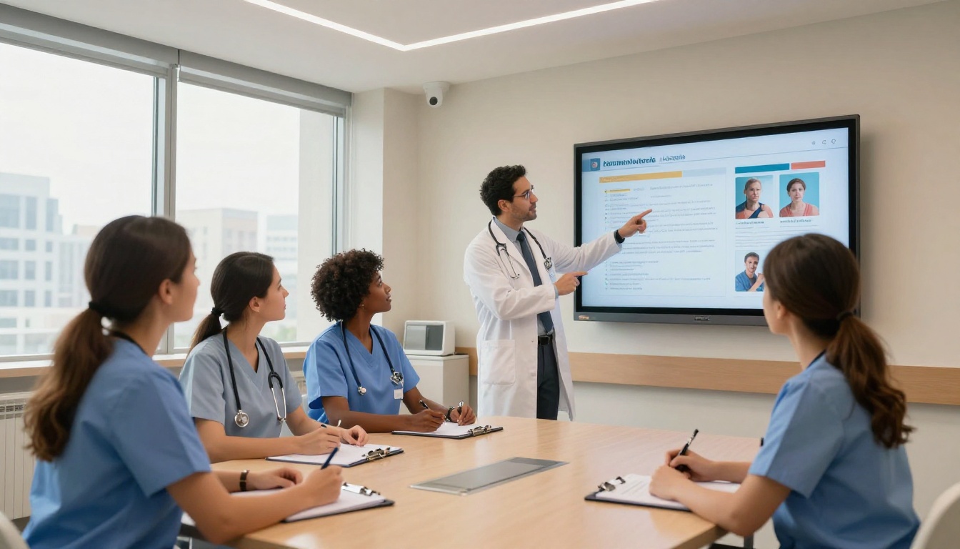 Medical team reviewing patient education materials on a large wall-mounted screen showing a digital flipbook presentation